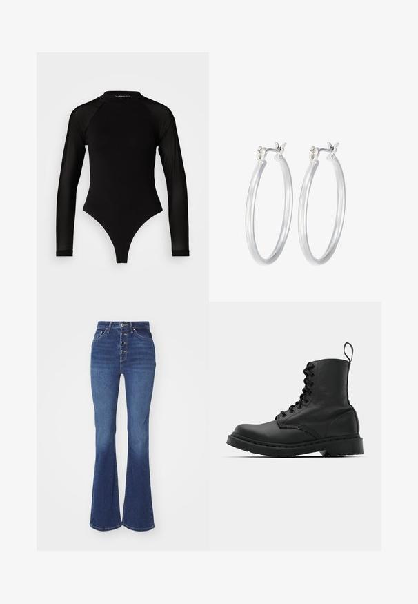 Black long-sleeve bodysuit with a high neck, featuring solid fabric on the torso and sheer mesh sleeves, designed in a fitted shape.; High-waisted, flared denim jeans in dark blue with a button-fly closure and five pockets. Smooth texture with subtle fading at the knees.; Black leather combat boot with a round toe, lace-up front, and a pull tab at the ankle. Features a thick rubber sole for durability.; Silver hoop earrings with a smooth, polished finish. Round shape and secure click-top closure. Lightweight design suitable for everyday wear.