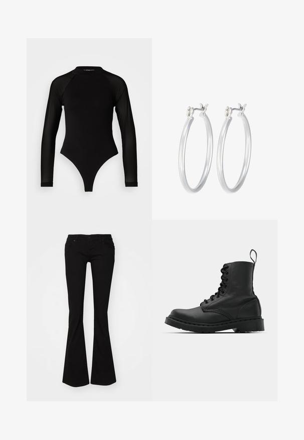 Zwart langemouwen bodysuit met hoge hals, met een ondoorzichtige stof op het lichaam en transparante mouwtjes, ontworpen in een fitted model.; Zwarte flared jeans van denim, met een ritssluiting, vijf zakken en een aangesloten taille die naar een brede zoom bij de enkels loopt.; Zwarte leren gevechtslaars met een ronde neus, vetersluiting aan de voorkant en een lusje bij de enkel. Kenmerkt zich door een dikke rubberen zool voor duurzaamheid.; Zilveren oorbellen in de vorm van een gladde, gepolijste ring. Ronde vorm met een veilige kliksluiting. Lichtgewicht ontwerp, geschikt voor dagelijks gebruik.