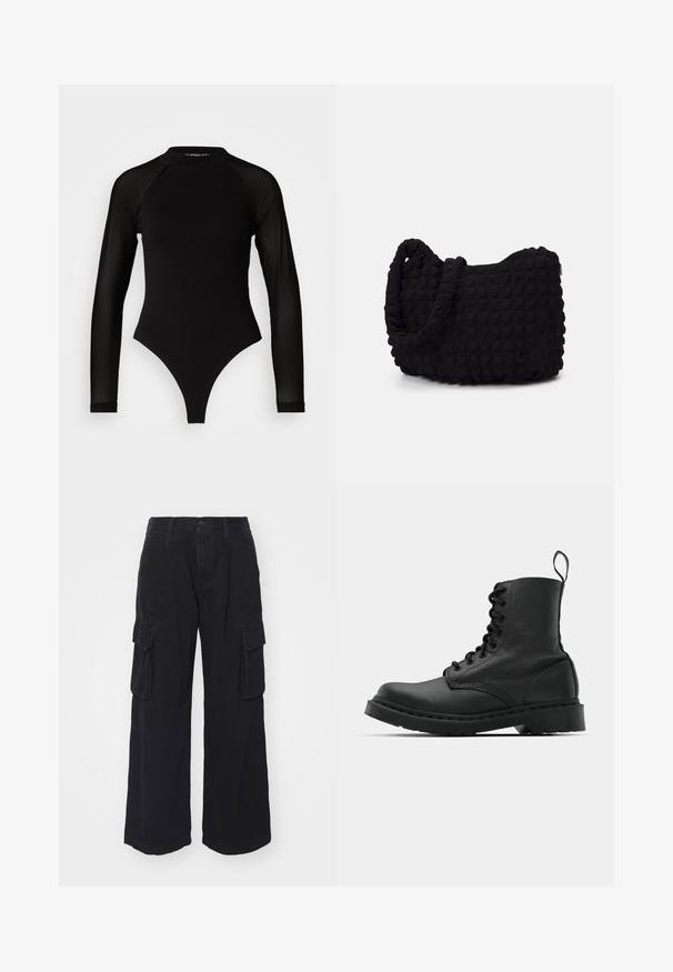 Musta pitkähihainen bodysuit, jossa on korkea kaula-aukko, kiinteä kangas vartalolla ja läpinäkyvät verkohihat, muotoiltu tiukaksi.; Mustat cargo-housut, jotka on valmistettu kestävästä kankaasta, leveät lahkeet, useita sivutaskuja ja klassinen nappisulku vyötäröllä.; Musta nahkasaapas taisteluun, jossa on pyöreä kärki, nauhakiinnitys etuosassa ja vetolenkki nilkassa. Varustettu paksulla kumipohjalla kestävyystä varten.; Musta kangaspussi, jossa on teksturoitu, tikkikuvio. Pyöreä muoto, lyhyet, paksut kahvat ja pehmeä, joustava rakenne.