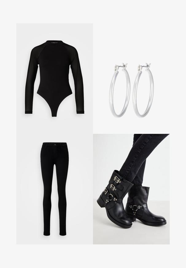 Juodas ilgomis rankovėmis bodis su aukštu kaklu, turintis tvirto audinio torso ir permatomų tinklinių rankovių, sukurtas prigludusio silueto.; Juodos liesos džinsai, pagaminti iš elastingos denim medžiagos, su priekyje esančiu sagčių užsegimu, penkiomis kišenėmis ir glotnia, lygiomis tekstūra.; Juodos odinės kulkšninės botai su trimis užsegimais, apvalia nosimi ir žemu bloku padais. Dizainas apima lygius ir tekstūrinius panelius.; Sidabriniai auskarai su sklandžiu, poliruotu paviršiumi. Apvalios formos ir saugus uždarymo mechanizmas. Lengvas dizainas, tinkantis kasdieniam dėvėjimui.
