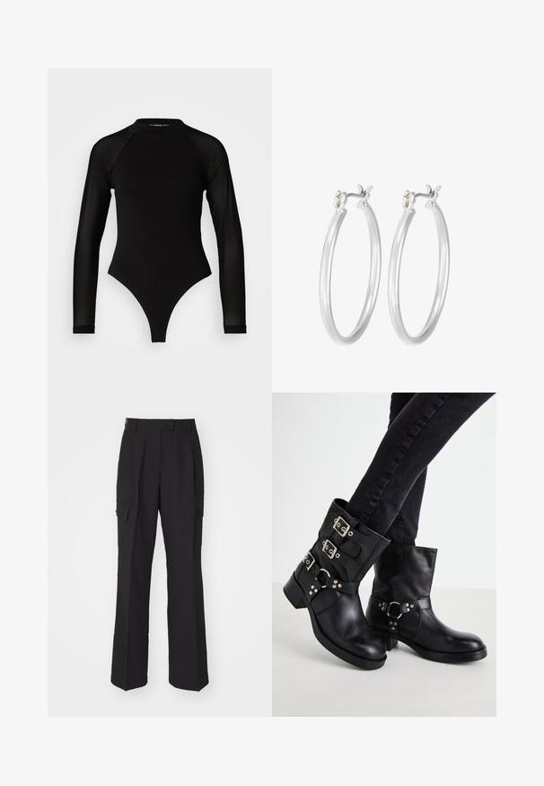 Svart långärmad bodysuit med hög hals, med heltäckande tyg på torso och genomskinliga meshärmar, designad i en figurnära form.; Svarta cargo-byxor med rak ben-design, tillverkade av ett slätt material. Har två sidfickor och en ren midja.; Svarta läderankelstövlar med tre spännen, rund tå och en låg klack. Designen har släta och texturerade paneler.; Silverfärgade hoopörhängen med en slät, polerad yta. Rund form och säker klickstängning. Lättviktig design som passar för vardagligt bruk.