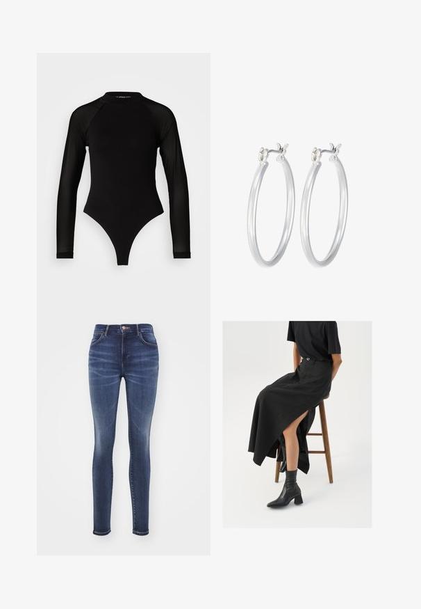 Musta pitkähihainen bodysuit, jossa on korkea kaula-aukko, kiinteä kangas vartalolla ja läpinäkyvät verkohihat, muotoiltu tiukaksi.; Kapehtavat farkut tummansinisestä denimistä, joissa on hienovaraisia haalistumia, viisi taskua, vyölenkit ja yksittäinen nappisulku vyötäröllä.; Musta pellavasta valmistettu maxi-hame, jossa on korkea halkio, puettuna mustan t-paidan ja mustien nilkkabootsien kanssa. Minimalistinen muotoilu, rento istuvuus.; Hope-silver rengas, joissa on sileä ja kiillotettu pinta. Pyöreä muoto ja turvallinen napsautettava lukitus. Kevyt muotoilu sopii päivittäiseen käyttöön.