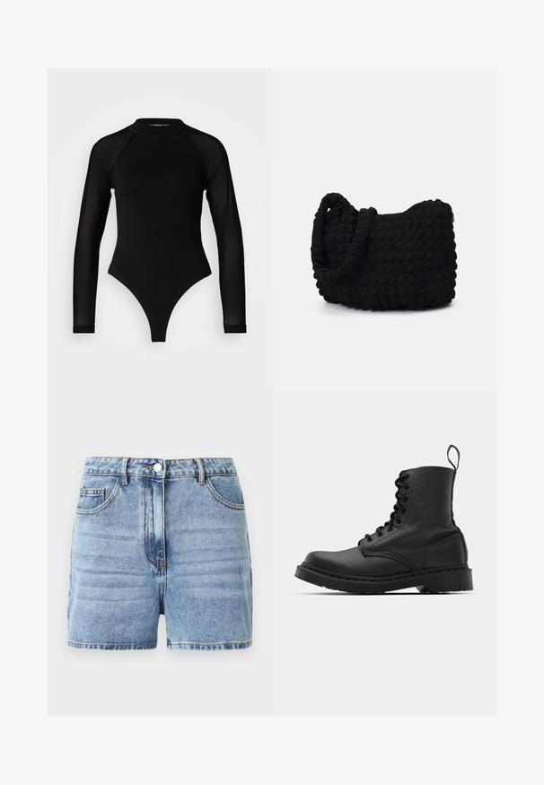 Crni bodi s dugim rukavima i visokim ovratnikom, s čvrstom tkaninom na trupu i prozirnim mrežastim rukavima, dizajniran u uskom kroju.; Svijetloplave traper kratke hlače viskog struka, s prednjim kopčanjem na dugme i jednim prednjim džepom. Imaju šivane šavove i klasičan kroj.; Crne kožne vojničke čizme s okruglim vrhom, vezicama sprijeda i petljom na gležnju. Imaju gusti gumeni potplat za izdržljivost.; Crna platnena torba s teksturiranim, kviltanim uzorkom. Okrugli oblik, kratke, debele ručke i meka, fleksibilna struktura.; Srebrne kružne naušnice s glatkom, poliranom površinom. Okrugli oblik i sigurno kopčanje na klik. Lagani dizajn pogodan za svakodnevno nošenje.