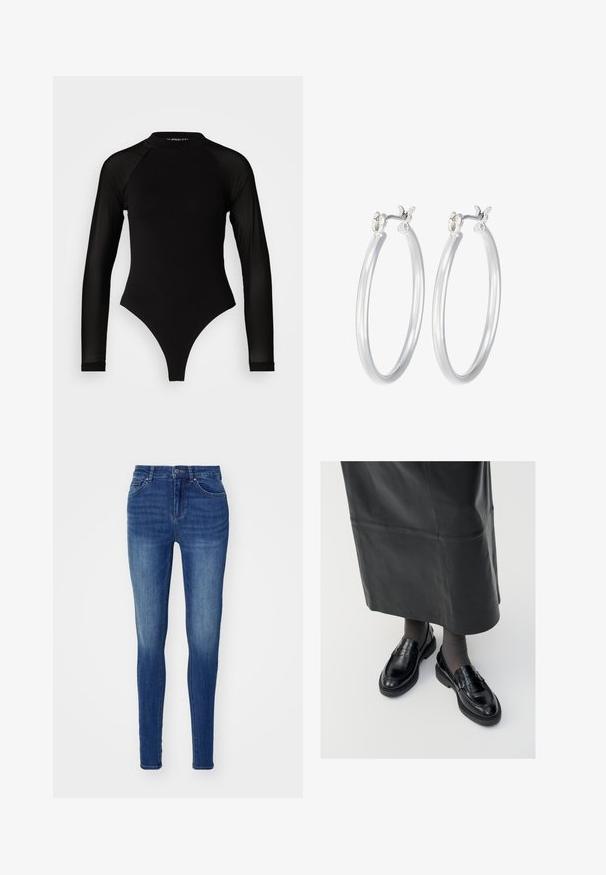 Črn bodi z dolgimi rokavi in visokim ovratnikom, ki ima trden material na trupu in prosojne mrežaste rokave, oblikovan v prilegajoči se silhueti.; Modre usnjene skinny hlače z gladko teksturo, zasnovo s petimi žepi in zapiranjem na gumb. Vsebujejo zbledela mesta za videz obrabljenosti.; Črne usnjene loafer čevlje s gladko površino, ki imajo dekorativno srajco, okroglo konico in teksturiran podplat. Nosi se z dolgim črnim usnjennim krilom.; Srebrni obroči za ušesa z gladko, polirano površino. Okrogla oblika in varna zaponka s klikom. Lahka zasnova, primerna za vsakodnevno nošenje.