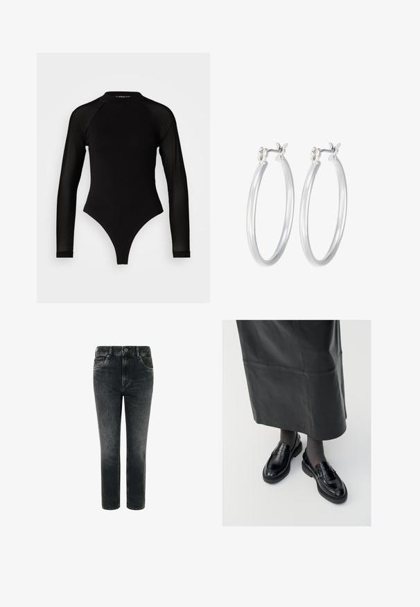 Črn bodi z dolgimi rokavi in visokim ovratnikom, ki ima trden material na trupu in prosojne mrežaste rokave, oblikovan v prilegajoči se silhueti.; Črne jeanske hlače ravnega kroja, z zasnovo petih žepov in gumbom za zapiranje. Imajo subtilno bledenje za videz nošenosti.; Črne usnjene loafer čevlje s gladko površino, ki imajo dekorativno srajco, okroglo konico in teksturiran podplat. Nosi se z dolgim črnim usnjennim krilom.; Srebrni obroči za ušesa z gladko, polirano površino. Okrogla oblika in varna zaponka s klikom. Lahka zasnova, primerna za vsakodnevno nošenje.