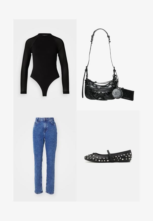 Μαύρο μακρυμάνικο κορμάκι με ψηλό λαιμό, που διαθέτει σταθερό ύφασμα στο κορμό και διαφανείς μανίκια από δίχτυ, σχεδιασμένο σε εφαρμοστή γραμμή.; Μπλε τζιν παντελόνι με ψηλή μέση, ίσια γραμμή, μπροστινές τσέπες και λεία υφή. Χωρίς ορατά σχέδια ή διακοσμητικά στοιχεία.; Μαύρη μπαλαρίνα από δέρμα, με διακοσμητικές ασημένιες τρουκς. Περιλαμβάνει ιμάντα πάνω από τον ορό και έχει στρογγυλή μύτη.; Μαύρη τσάντα χιαστί από συνθετικό δέρμα με καμπυλωτό σχέδιο, φερμουάρ μπροστά, διακοσμητικά αξεσουάρ και αποσπώμενο στρογγυλό θησαυρό νομισμάτων.