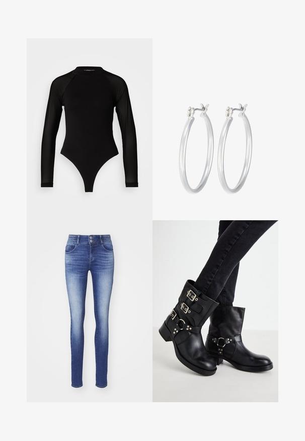 Must muströmpa mustristik pikkannukkide mustri kõrgetting toori jalgade kinnitanud, mulit haufri. Pakk keskosa ülemine vilip. ; Peenikesed teksad tumedas sinises denimis, millel on pleekinud viimistlus. Omab kahte esitaskut, kõrget vööd ja kaht nuppu kinnitamiseks.; Mustad mustad botased musta nahaga, millel on kolm klambrit, ümar varvas ja madal plokkkonts. Disain sisaldab siledat ja tekstureeritud pinda.; Hõbedased rõngaskõrvarõngad, millel on sile, läikiv viimistlus. Ümmargune kuju ja turvaline klõpsulatus. Kerge disain, sobib igapäevaseks kandmiseks.