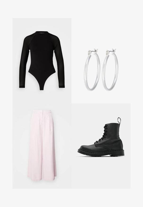 Čierny dlhý rukáv body s vysokým golierom, s pevným látkovým trupom a priehľadnými sieťovinovými rukávmi, navrhnuté v priliehavom strihu.; Svetloružové široké nohavice s vysokým pásom, ktoré majú predné skladby a hladký bavlnený materiál. Bez viditeľných vreciek alebo ozdôb.; Čierna kožená bojová topánka s okrúhlou špičkou, šnurovaním na prednej strane a pútkom pri členku. Má hrubú gumovú podrážku pre trvanlivosť.; Strieborné kruhové náušnice s hladkým, lesklým povrchom. Kolový tvar a bezpečné klikanie na uzatváranie. Ľahký dizajn vhodný na každodenné nosenie.