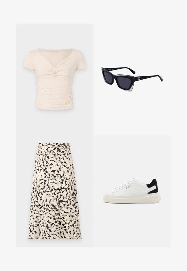 Haut beige clair à manches courtes avec un col en V et un détail torsadé à l'avant, présentant une texture froncée sur les côtés pour un design ajusté.; Une jupe beige avec un motif floral noir et des branches fines. Le design présente de petites feuilles et des accents dorés occasionnels.; Baskets en cuir blanc avec une épaisse semelle blanche, un accent en daim noir au niveau du talon et un logo embossé sur le côté. Design à lacets avec six œillets.; Lunettes de soleil noires surdimensionnées avec une forme géométrique, dotées de verres foncés et d'un détail gris contrastant sur la monture. Logo sur la branche.