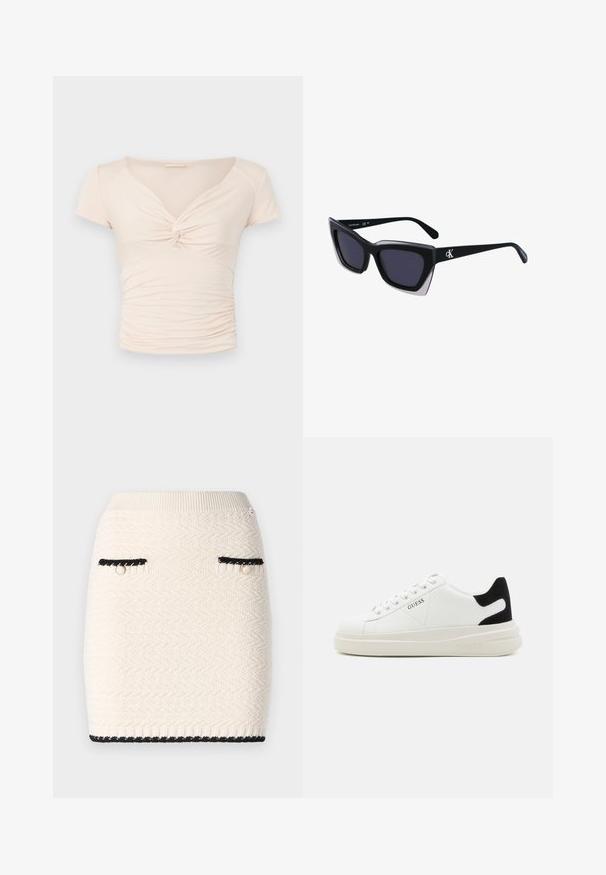 Vaalean beige lyhythihainen toppi, jossa on V-mallinen kaula-aukko ja kierretyt yksityiskohdat edessä. Sivut ovat rypytettyjä, mikä luo istuvan muotoilun.; Neulekort skjørt i kremfarge med et strukturert zickzack-mønster, fremhevet av svart pynt rundt lommer og nederkant, samt detaljer i gullton.; Valkoiset nahkakengät paksulla valkoisella pohjalla, mustalla mokkanahkaosuudella kannassa ja kohokuvioitu logo sivulla. Nauhakeskitys kuudella reiällä.; Mustat ylisuuret aurinkolasit, joissa on geometrinen muoto, tummat linssit ja kehykseen erottuva harmaa yksityiskohta. Logo varressa.