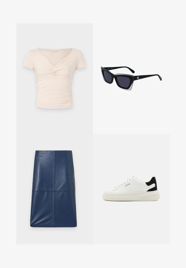 Lys beige kortermet topp med V-hals og vridd detalj foran, med samlet tekstur langs sidene for en tettsittende design.; Marine lærpennskjørt med en glatt, glansfull tekstur, som har et enkelt, strømlinjeformet design og rett snitt. Ingen synlig maskinvare.; Hvite lær sneakers med tykk hvit såle, svart semsket hælforsterkning og preget logo på siden. Snøresystem med seks hull.; Store svarte solbriller i overdimensjonert størrelse med geometrisk form, med mørke linser og en kontrasterende grå detalj på rammen. Logo på armen.