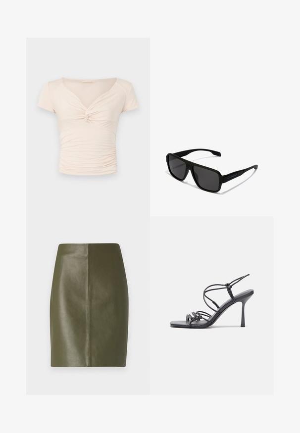 Vaalean beige lyhythihainen toppi, jossa on V-mallinen kaula-aukko ja kierretyt yksityiskohdat edessä. Sivut ovat rypytettyjä, mikä luo istuvan muotoilun.; Oliivinvihreä nahkainen minihame, jossa on sileä pinta, yksinkertainen muotoilu ja keskisauma, joka kulkee alas selässä.; Mustat korkokengät sandaalit, joissa on ohuet hihnat solmittuna, sileä neliön muotoinen varvasosa ja tyylikäs stiletto-korko.; Hawkers PARLAY - Aurinkolasit - black