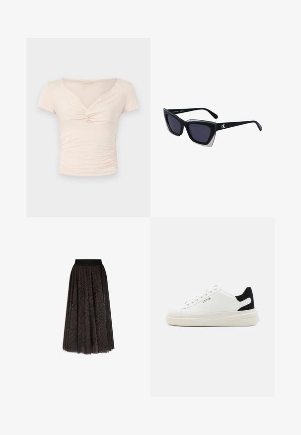 Svetlo béžový top s krátkym rukávom a výstrihom do V, s detailom twist vpredu, pričom po stranách má nahrnutú textúru pre priliehavý dizajn.; Hnedá a čierna midi sukňa s potlačou, čiernym elastickým pásom a vertikálnym čiernym prúžkom na jednej strane.; Biele kožené tenisky s hrubou bielou podrážkou, čiernym zamekom na päte a vyrazeným logom na boku. Šnurovací dizajn so šiestimi očkami.; Čierne oversized slnečné okuliare s geometrickým tvarom, s tmavými šošovkami a kontrastným šedým detailom na ráme. Logo na mostíku.