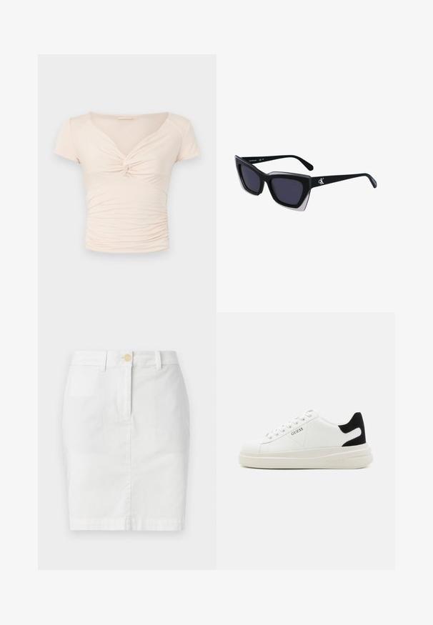 Világos bézs színű, rövid ujjú felső V-nyakkal és elülső csavart részlettel, oldalt gyűrt textúrával a testhez álló fazonért.; Fehér pamut ceruza szoknya elöl gombos zárással, övhurkokkal és sima textúrával. Minimalista dizájn, térd hosszúságú.; Fehér bőr sportcipők vastag fehér talppal, fekete velúr sarokpikkelyel és dombornyomott logóval az oldalon. Fűzős kialakítás, hat fűzőlyukkal.; Fekete, nagyméretű napszemüveg geometrikus formával, sötét lencsékkel és kontrasztos szürke részlettel a kereten. Logó a szárán.