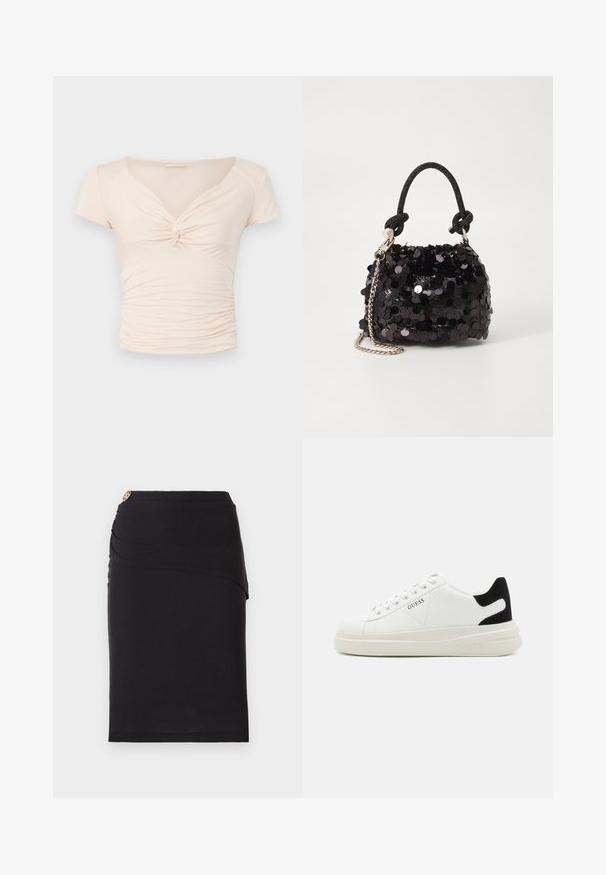 Lys beige kortermet topp med V-hals og vridd detalj foran, med samlet tekstur langs sidene for en tettsittende design.; Svart blyantskjørt med drapert frontdesign, med en dekorativ metallisk aksent i midjen. Laget av et elastisk stoff.; Hvite lær sneakers med tykk hvit såle, svart semsket hælforsterkning og preget logo på siden. Snøresystem med seks hull.; Svart paljettmini-veske med en knyttet teksturert stropp og sølvkjede. Rund form med samlet topp og reflekterende detaljer.