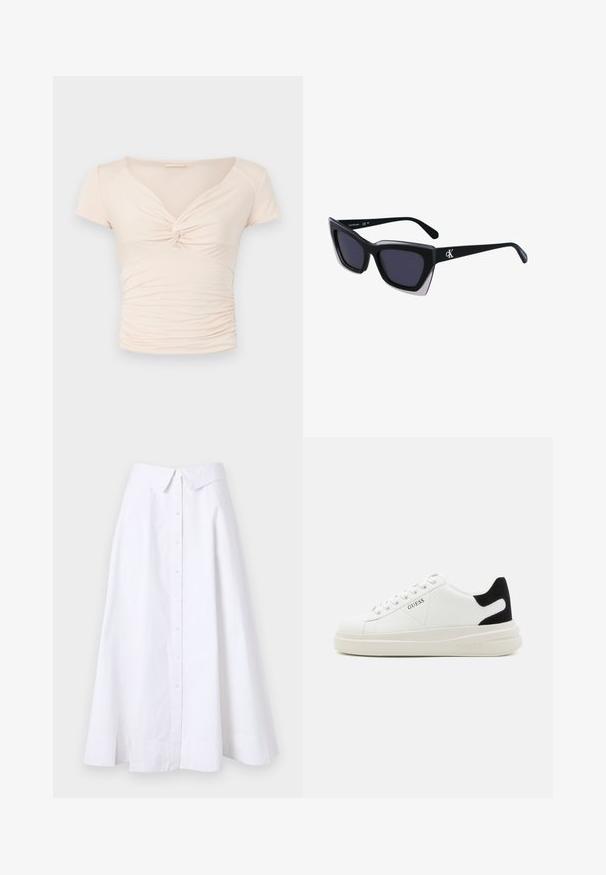 Lichtbeige kort-mile top met V-hals en draai detail aan de voorkant, met geplooide textuur aan de zijkanten voor een aansluitend ontwerp.; Witte lange rok van lichtgewicht stof, met een knoopsluiting aan de voorkant, een brede zoom en een gestructureerde kraag. Soepele textuur zonder zichtbaar patroon.; Witte leren sneakers met een dikke witte zool, zwarte suède hielaccent en een geperst logo op de zijkant. Vetersluiting met zes oogjes.; Zwarte oversized zonnebril met een geometrische vorm, voorzien van donkere glazen en een contrasterend grijs detail op het montuur. Logo op de arm.