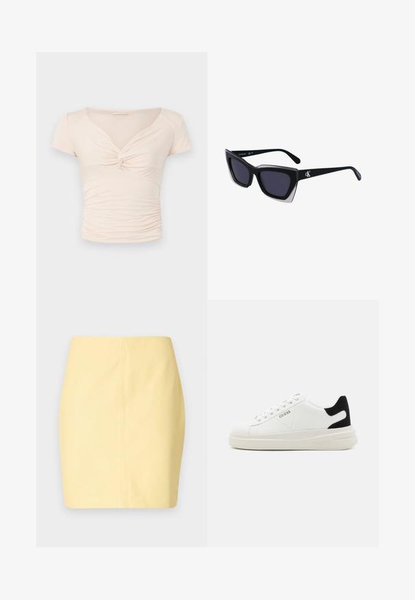 Lichtbeige kort-mile top met V-hals en draai detail aan de voorkant, met geplooide textuur aan de zijkanten voor een aansluitend ontwerp.; Geel mini-rok met een gladde textuur en slim fit, met een schoon ontwerp en minimale stikdetails.; Witte leren sneakers met een dikke witte zool, zwarte suède hielaccent en een geperst logo op de zijkant. Vetersluiting met zes oogjes.; Zwarte oversized zonnebril met een geometrische vorm, voorzien van donkere glazen en een contrasterend grijs detail op het montuur. Logo op de arm.