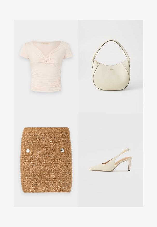 Világos bézs színű, rövid ujjú felső V-nyakkal és elülső csavart részlettel, oldalt gyűrt textúrával a testhez álló fazonért.; Barna textúrájú kötött szoknya bordás derékpánttal és két elülső zsebbel, fehér gombokkal. Finom csillogás az anyagban.; Beige bőr, slingback sarkú cipők, hegyes orral, nyitott oldalú kialakítással és vékony magas sarkú talppal. Arany díszítéssel rendelkezik a pánton.; Krém színű kézi táska texturált felülettel, ívelt formával, rövid fogantyúval és arany színű logó részlettel. Cipzáros záródás a tetején.