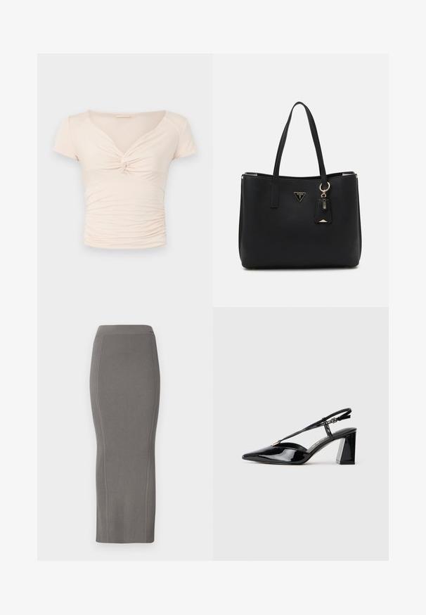 Helle beige Kurzarmbluse mit V-Ausschnitt und Dreh-Detail an der Vorderseite, mit geraffter Textur an den Seiten für eine taillierte Passform.; Grauer gerippter Strick-Bleistiftrock mit hohem Bund, glatter Textur, knielangem Design und figurbetonter Silhouette.; Schwarze lackleder Slingback-High-Heels mit spitz zulaufender Zehenpartie, verstellbarem Riemen und klobigem rechteckigem Absatz.; Schwarze Tragetasche aus strukturiertem synthetischem Material, mit zwei Griffen, einem goldenen Logo-Schild und einem kleinen Anhänger mit Akzentdetail.