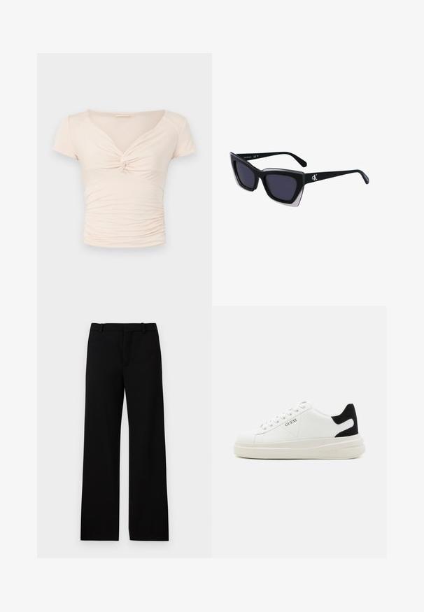 Lichtbeige kort-mile top met V-hals en draai detail aan de voorkant, met geplooide textuur aan de zijkanten voor een aansluitend ontwerp.; Zwarte wijde broekspijpen gemaakt van een gladde stof, met een hoge taille, riemlussen en een strakke voorplooien voor een op maat gemaakte uitstraling.; Witte leren sneakers met een dikke witte zool, zwarte suède hielaccent en een geperst logo op de zijkant. Vetersluiting met zes oogjes.; Zwarte oversized zonnebril met een geometrische vorm, voorzien van donkere glazen en een contrasterend grijs detail op het montuur. Logo op de arm.