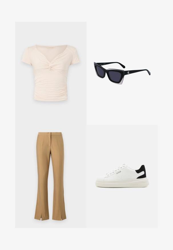 Top scurt, de culoare bej deschis, cu mânecă scurtă și decolteu în V, având detaliu răsucit în față, cu textură adunată pe laturi pentru un design ajustat.; Pantaloni bej evazați cu fante pe față, realizați dintr-un material neted. Prezintă o talie plată și detalii cu pliuri ascuțite pe picioare.; Adidași din piele albă cu o talpă groasă albă, accent de călcâi din suede negru și logo embosat pe lateral. Design cu șireturi și șase orificii.; Ochelari de soare supradimensionați, negri, cu o formă geometrică, având lentile întunecate și un detaliu gri contrastant pe ramă. Logo pe braț.