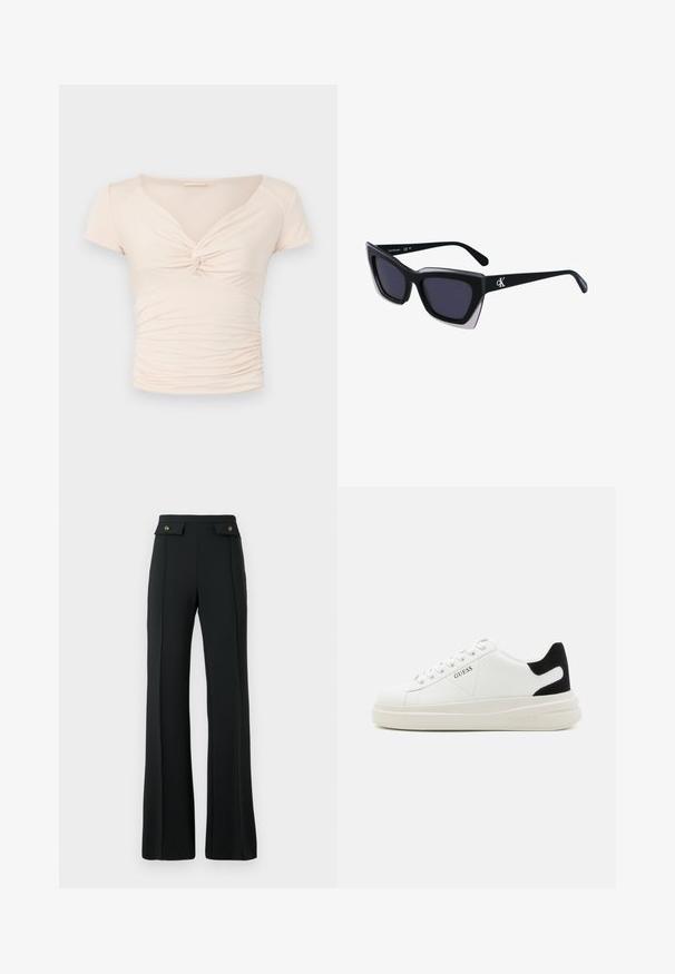 Haut beige clair à manches courtes avec un col en V et un détail torsadé à l'avant, présentant une texture froncée sur les côtés pour un design ajusté.; Pantalons évasés noirs taille haute avec des détails de couture à l'avant et deux poches à rabat à bouton doré à la taille.; Baskets en cuir blanc avec une épaisse semelle blanche, un accent en daim noir au niveau du talon et un logo embossé sur le côté. Design à lacets avec six œillets.; Lunettes de soleil noires surdimensionnées avec une forme géométrique, dotées de verres foncés et d'un détail gris contrastant sur la monture. Logo sur la branche.