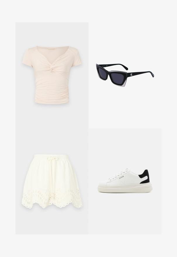 Heledad beež pluus lühikeste varrukatega, V-kaelusega ja esise keerdumise detailiga, külgedel kogutud tekstuuriga, et saavutada keha lähedane mudel.; Valged puuvillased lühikesed püksid, elastsest vöökoht ja tõmbluku nööriga, lillemotiivse tikandi ja sakilise äärisega, millel on lõike-detailid.; Valged nahast tennisetossud paksu valge tallaga, musta sametist kontsakeeuga ja külje peal riigilogo reljeefne kujundus. Lukkeskeem kuue silmaauguga.; Mustad suured mustad prillid geomeetrilise kujuga, tumedate läätsedega ja kontrastse halli detailiga raamidel. Logo käe peal.