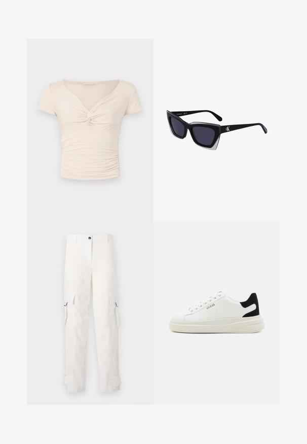 Svetlo béžový top s krátkym rukávom a výstrihom do V, s detailom twist vpredu, pričom po stranách má nahrnutú textúru pre priliehavý dizajn.; Biele cargo nohavice vyrobené z bavlny, s bočnými vreckami, pútkami a vyhrnutými manžetami. Dizajn zahŕňa rovný strih a zapínanie na gombík.; Biele kožené tenisky s hrubou bielou podrážkou, čiernym zamekom na päte a vyrazeným logom na boku. Šnurovací dizajn so šiestimi očkami.; Čierne oversized slnečné okuliare s geometrickým tvarom, s tmavými šošovkami a kontrastným šedým detailom na ráme. Logo na mostíku.