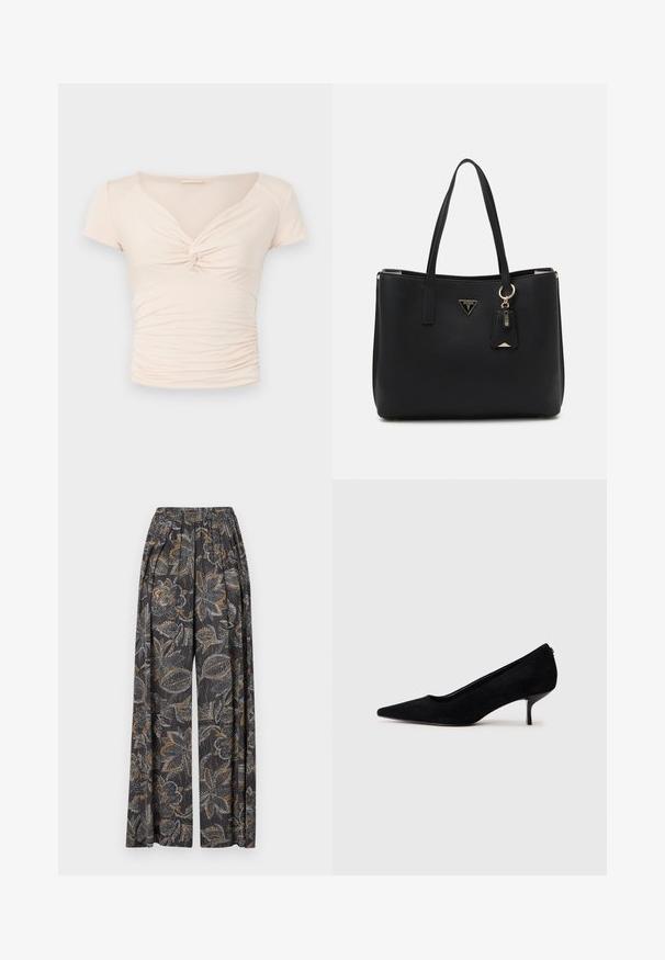 Haut beige clair à manches courtes avec un col en V et un détail torsadé à l'avant, présentant une texture froncée sur les côtés pour un design ajusté.; Pantalons à jambes larges avec un imprimé floral sombre comportant des motifs gris et orange complexes. La taille élastique ajoute confort et flexibilité.; Chaussure à talon haut en suede noir avec un bout pointu et un talon fin et bas. Texture lisse avec un design épuré, sans matériel visible.; Sac fourre-tout noir en matériau synthétique texturé, avec deux anses, une plaque logo dorée et une petite étiquette avec un détail accentué.