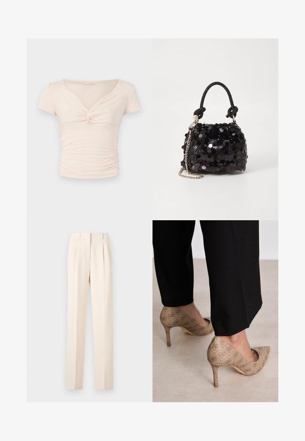 Top corto a maniche corte beige chiaro con scollatura a V e dettaglio intrecciato sul fronte, caratterizzato da una texture arricciata lungo i lati per un design aderente.; Pantaloni beige su misura con pieghe, caratterizzati da una vestibilità dritta e una texture liscia. La vita è pulita, senza hardware visibile.; Scarpe con tacco alto beige in tessuto testurizzato con un motivo ripetuto. Design con punta appuntita e dettaglio dorato sul tacco.; Mini borsa a tracolla nera in paillettes con una tracolla texturizzata annodata e catena argentata. Forma rotonda con parte superiore arricciata e dettagli riflettenti.