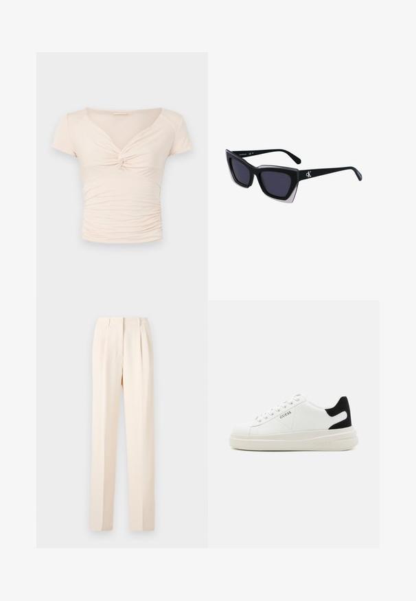 Svijetlosmeđi kratki rukavi top s V-izrezom i zavojnim detaljem sprijeda, s nabranošću duž strana za prilagođeni izgled.; Bež hlače krojene s plisama, ravnog kroja i glatke teksture. Struk je čist, bez vidljivih dijelova.; Bijele kožne tenisice s debelim bijelim potplatom, crnim zamšastim akcentom na peti i ugraviranim logom sa strane. Dizajn s vezicama i šest rupa za vezivanje.; Crne oversize sunčane naočale geometrijskog oblika, s tamnim staklima i kontrastnom sivom dekoracijom na okviru. Logo na dršci.