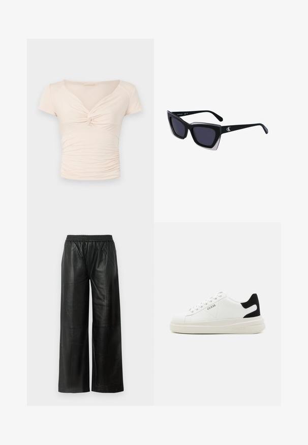 Gai bēšs īso piedurkņu tops ar V-veida kakla izgriezumu un pagriešanas detaļu priekšpusē, kas satur savelkamu tekstūru gar sāniem, nodrošinot pieguļošu dizainu.; Melnu ādas platās bikses ar elastīgu jostu, kurām ir gluda tekstūra un minimālas šuvju detaļas.; Baltas ādas sporta apavi ar biezu balto zoli, melna zamša uzpura un izspiestais logotips sānos. Šņorējuma dizains ar sešiem acu caurumiem.; Melni pārmēru saulesbrilles ar ģeometrisku formu, kas aprīkotas ar tumšiem stikliem un kontrastējošu pelēku akcentu uz rāmja. Logo uz kājas.