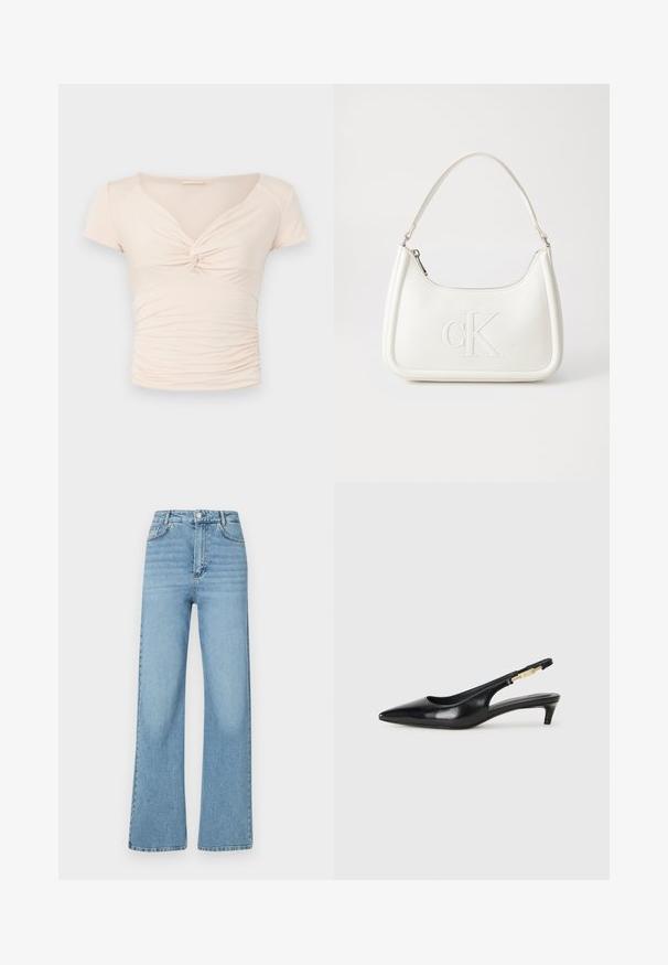 Top scurt, de culoare bej deschis, cu mânecă scurtă și decolteu în V, având detaliu răsucit în față, cu textură adunată pe laturi pentru un design ajustat.; Jeans de culoare albastru deschis, cu picioare largi, realizate din denim. Au cinci buzunare, închidere cu un buton în față și un design curat, fără aplicații.; Sandale slingback din piele neagră cu vârf ascuțit, având un toc subțire și un accent de culoare aurie pe curea ajustabilă. Textură netedă.; Geantă de umăr din piele albă cu formă curbată, având un logo "CK" embosat pe partea din față și un singur braț de umăr. Închidere cu fermoar în partea de sus.