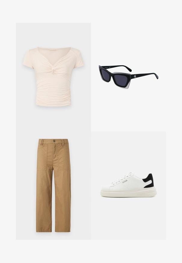 Svetlo béžový top s krátkym rukávom a výstrihom do V, s detailom twist vpredu, pričom po stranách má nahrnutú textúru pre priliehavý dizajn.; DRYKORN DERIVE - Nohavice - brown; Biele kožené tenisky s hrubou bielou podrážkou, čiernym zamekom na päte a vyrazeným logom na boku. Šnurovací dizajn so šiestimi očkami.; Čierne oversized slnečné okuliare s geometrickým tvarom, s tmavými šošovkami a kontrastným šedým detailom na ráme. Logo na mostíku.