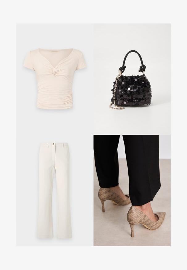 Haut beige clair à manches courtes avec un col en V et un détail torsadé à l'avant, présentant une texture froncée sur les côtés pour un design ajusté.; Pantalons beiges avec une coupe à jambes évasées, fabriqués dans un tissu lisse. Munis d'un seul bouton frontal et d'une fermeture éclair avec passants de ceinture.; Chaussures à talons hauts beiges en tissu texturé avec un motif répétitif. Design à bout pointu avec un accent à l'arrière et détail de talon doré.; Mini sac à main en sequins noirs avec une bandoulière texturée nouée et une chaîne argentée. Forme arrondie avec un haut froncé et des détails réfléchissants.