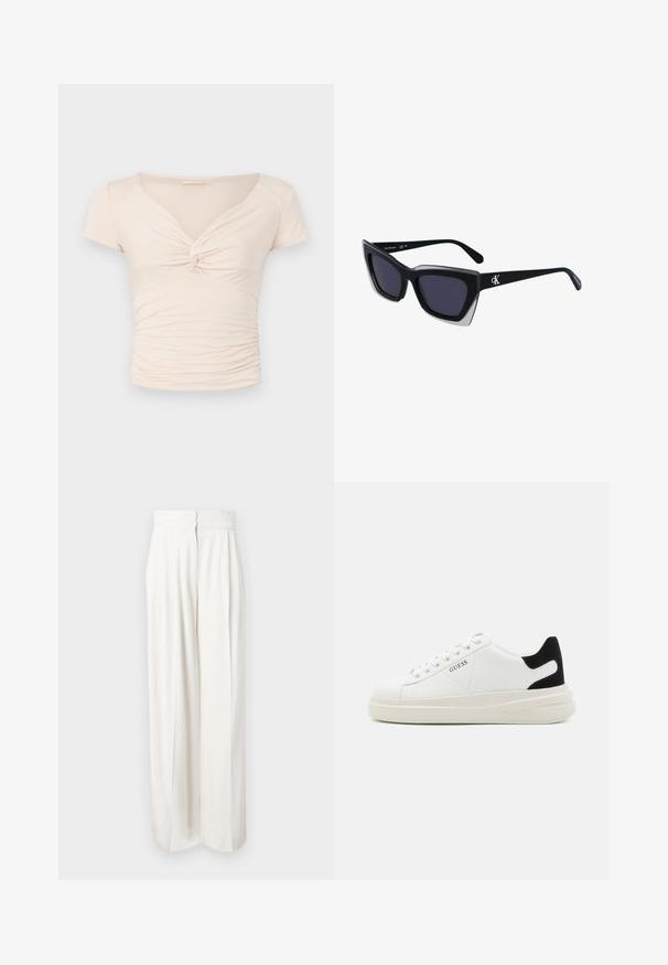 Helle beige Kurzarmbluse mit V-Ausschnitt und Dreh-Detail an der Vorderseite, mit geraffter Textur an den Seiten für eine taillierte Passform.; Hochtaillierte, weite Hosen aus einfarbigem weißen Stoff. Verfügt über eine glatte Textur mit vorderen Falten und einem verdeckten Reißverschluss auf der Rückseite.; Weiße Leder-Sneaker mit einer dicken weißen Sohle, schwarzem Wildlederakzent an der Ferse und geprägtem Logo an der Seite. Schnürdesign mit sechs Ösen.; Schwarze übergroße Sonnenbrille mit geometrischer Form, ausgestattet mit dunklen Gläsern und einem kontrastierenden grauen Detail im Rahmen. Logo am Bügel.