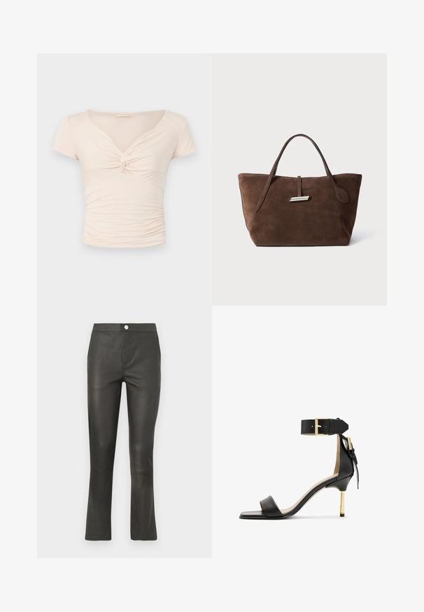 Helle beige Kurzarmbluse mit V-Ausschnitt und Dreh-Detail an der Vorderseite, mit geraffter Textur an den Seiten für eine taillierte Passform.; Schwarze Lederhosen mit einem figurbetonten Schnitt, geradem Bein und dezenter Naht. Sie verfügen über einen Frontknopfverschluss und keine Taschen.; Schwarze Leder-Absatzsandale mit quadrater Zehenform, Fesselriemen mit einer goldenen Schnalle und einem schlanken, metallischen Absatz. Glatte Textur, minimalistisches Design.; Braune Wildleder-Tote mit zwei weichen Griffen, einem vertikalen Riemen mit silbernem Akzent und einem weiten, offenen oberen Bereich. Glatte Textur, minimalistisches Design.