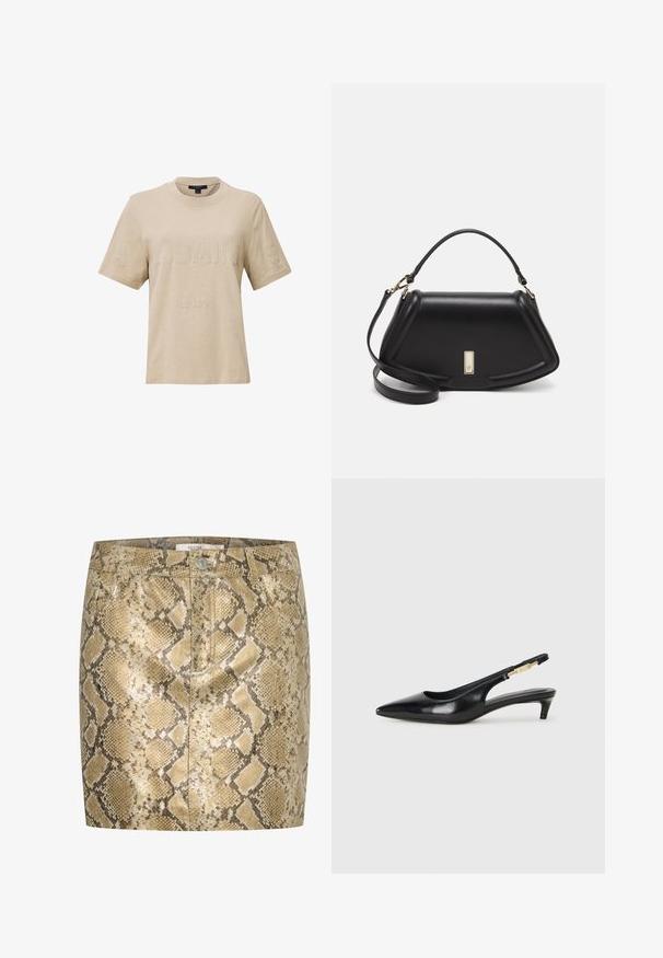 T-shirt beige à manches courtes en coton. Avec un texte en relief "ALLSAINTS LONDON" sur le devant, un col rond et une coupe décontractée.; Mini-jupe imprimée serpent avec un éclat métallique dans des teintes de doré et de beige. Comprend une fermeture à bouton et des poches avant. Surface texturée.; Talons hauts en cuir noir avec un bout pointu, dotés d'un talon fin et d'un accent en ton or sur la lanière réglable. Texture lisse.; Sac à main en cuir noir avec un design structuré, featuring une forme cropped, une poignée supérieure et des accents en matériel doré. Bandoulière réglable incluse.