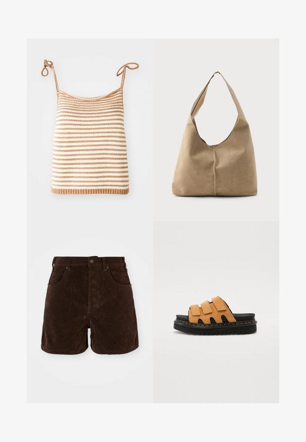 Pletena majica s prugicama in prilagodljivimi vezalkami, ki prikazuje izmenično rjave in bele vodoravne pruge, tesno prileganje ter rebrast rob.; Rjave semišne kratke hlače z visokim pasom, gumbom za zapiranje in štirimi žepi. Gladka tekstura in ravna kroja s čistimi linijami.; Nude semušne natikače z naramnicami imajo tri nastavljive trakove, črn gumijast podplat z teksturiranim profilom in kontrastne rumene šive.; Hobo torba iz mehkega bež nubuka z ohlapno obliko, širokim ramenskim trakom in ročno šivanim šivom po sprednji strani.