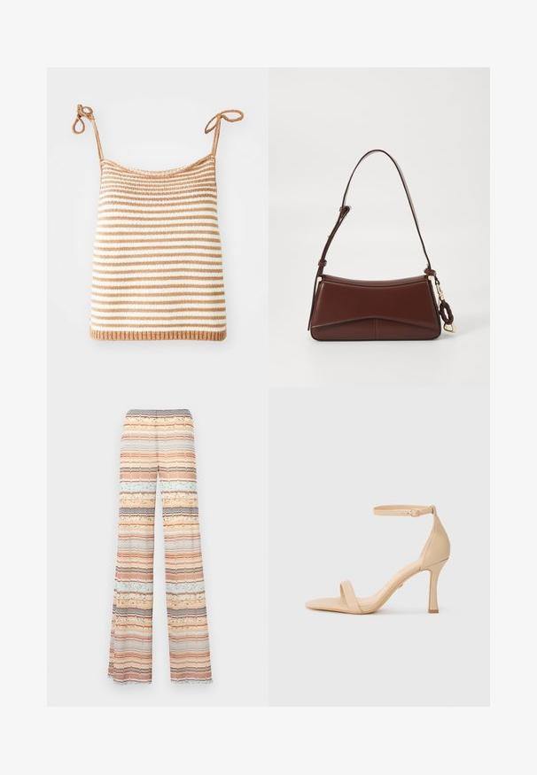 Pletena majica s prugicama in prilagodljivimi vezalkami, ki prikazuje izmenično rjave in bele vodoravne pruge, tesno prileganje ter rebrast rob.; Hlače širokega kroja v večbarvnem prugastem vzorcu. Tkanina ima teksturirane prugaste vzorce v breskev, modri, rjavi in smetanasti barvi. Elastični pas.; Bež sandal z visokim peto in tankim gležnjastim trakom, odprtimi prsti in dvema diagonalnima trakovoma čez stopalo. Gladka usnjena tekstura, koničasta oblika.; Rjav usnjen ročni kovček s ukrivljeno silhueto, enojnim trakom in zlatim okovjem. Ima pleteno dekoracijo in gladko, mat teksturo.