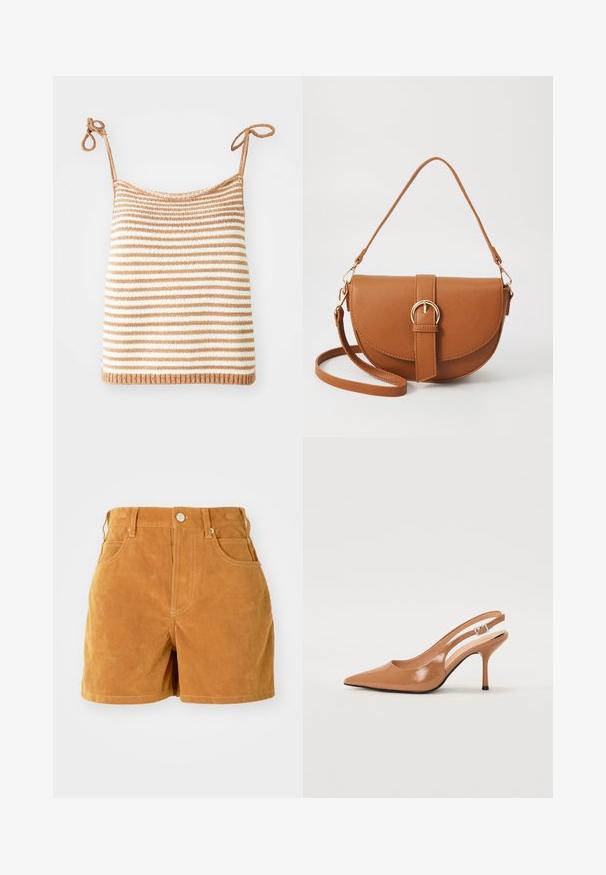 Pruhovaný pletený top s nastavovacími vázáními, s horizontálními pruhy v hnědé a bílé barvě, těsný střih a žebrovaný lem.; Hnědé zamšové šortky s vysokým pasem, předním knoflíkem, poutky na pásek a pěti kapsami na bílém pozadí.; Sandy poprsko s úzkým podpatkem v hladkém, lesklém odstínu tan. Obsahuje zakřivený design s výřezem a štíhlý jehlový podpatek. Detail se stříbrnou sponou.; Hnědá kožená křížová taška s zakřiveným tvarem, zlatými detaily a akcentem s přezkou. Obsahuje odnímatelný popruh na rameno.