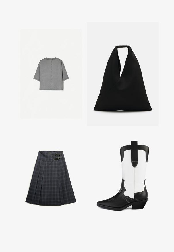 Grijze T-shirt met korte mouwen, ronde halslijn, vierkante snit, zichtbare stikseldetails en een zachte, textuurachtige afwerking.; Plissé knielange rok in donkergrijs met blauw ruitpatroon, uitgerust met twee zwarte gespen op de taille voor verstelbaarheid en een platte tailleband.; Zwart-witte cowboylaars gemaakt van synthetisch leer, met een spitse neus, geschulpte ontwerpen en een lage blokhak. Opvallende stiksels.; Zwart stoffen draagtas met een uniek V-vormig ontwerp en een gladde textuur. Voorzien van een korte handgreep met minimalistische hardware-details.