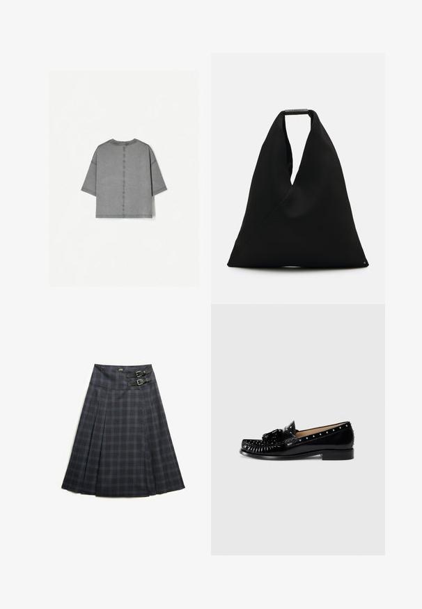 Graues Kurzarmoberteil mit Rundhalsausschnitt, kastiger Form, sichtbaren Stichtdetails und einer weichen, strukturierten Stoffoberfläche.; Faltenrock in knielanger Form aus dunkelgrauem Stoff mit blauem Karomuster, ausgestattet mit zwei schwarzen Schnallen an der Taille zur Anpassung und flachem Bund.; Schwarze Lederloafers mit dekorativen Nähten, Metallnieten entlang der Oberseite, einem niedrigen Absatz und einem strukturierten Schleifenakzent an der Vorderseite.; Schwarze Stofftragetasche mit einem einzigartigen V-förmigen Design und glatter Textur. Verfügt über einen kurzen Griff mit minimalistischem Hardware-Detail.