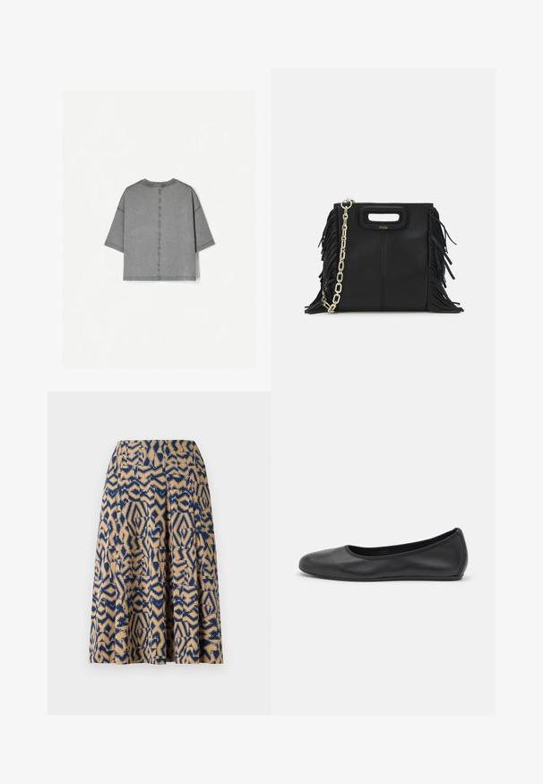 Top grigio a maniche corte con scollo rotondo, forma ampia, cuciture visibili e una finitura in tessuto morbido e testurizzato.; Una gonna al ginocchio con una stampa geometrica in blu navy e beige, con pieghe e una texture liscia.; Pantofole da balletto nere in pelle con punta arrotondata, texture liscia, dettagli di cucitura minimi e design con suola flessibile.; Borsa a tracolla in pelle nera con dettagli a frangia, catena dorata e manico ritagliato. Presenta il logo sulla parte anteriore.