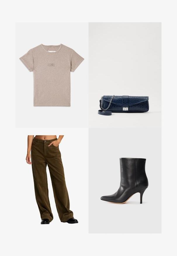Beżowa, prążkowana koszulka bawełniana z krótkim rękawem, okrągłym dekoltem i niewielkim nadrukiem z przodu. Prosty design i miękka faktura.; Osoba ubrana w luźne, brązowe spodnie z sztruksu, z dłońmi w kieszeniach i czarnymi butami, pokazana od połowy torsu do stóp na białym tle.; Czarne skórzane botki za kostkę z wyciągniętym noskiem, smukłym obcasem w stylu stiletto i gładką teksturą. Minimalistyczny design bez widocznych elementów metalowych czy akcentów.; Granatowa skórzana kopertówka o strukturze krokodyla, z srebrnym łańcuszkiem i metalowym zapięciem. Prostokątny kształt z zapięciem na klapkę.