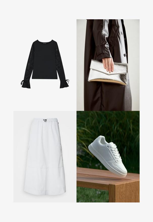 Svart topp med solid kropp og gjennomsiktige, flarede ermer. Har knyteakenter ved mansjettene. Laget av glatt stoff med en tettsittende design.; Ecoalf SKIRT WOMAN - A-line skjørt - light grey; Hvite sneakers med en glatt syntetisk overdel, perforert tåboks, flate snørebånd og en teksturert såle, vist på en treflate.; Sølv metallisk clutch med et vinklet konvoluttdesign, glatt tekstur og kontrastfarge på innsiden, holdt i en hånd iført en svart kåpe.
