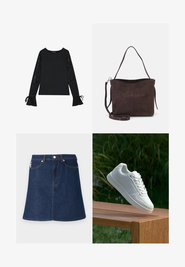Top preto com corpo sólido e mangas amplas e transparentes. Apresenta detalhes em laço nos punhos. Feito de um tecido suave com um design ajustado.; Saia de ganga azul escura com um corte em A evasé, apresentando um fecho éclair frontal, cinco bolsos e costuras laranja contrastantes.; Sapatilha branca com um cabedal sintético liso, caixa dos dedos perfurada, atacadores planos e uma sola texturizada, exposta sobre uma superfície de madeira.; Saco tote em camurça castanha com uma textura suave, apresentando uma única alça de ombro e uma abertura superior levemente curvada. Sem detalhes de hardware visíveis.