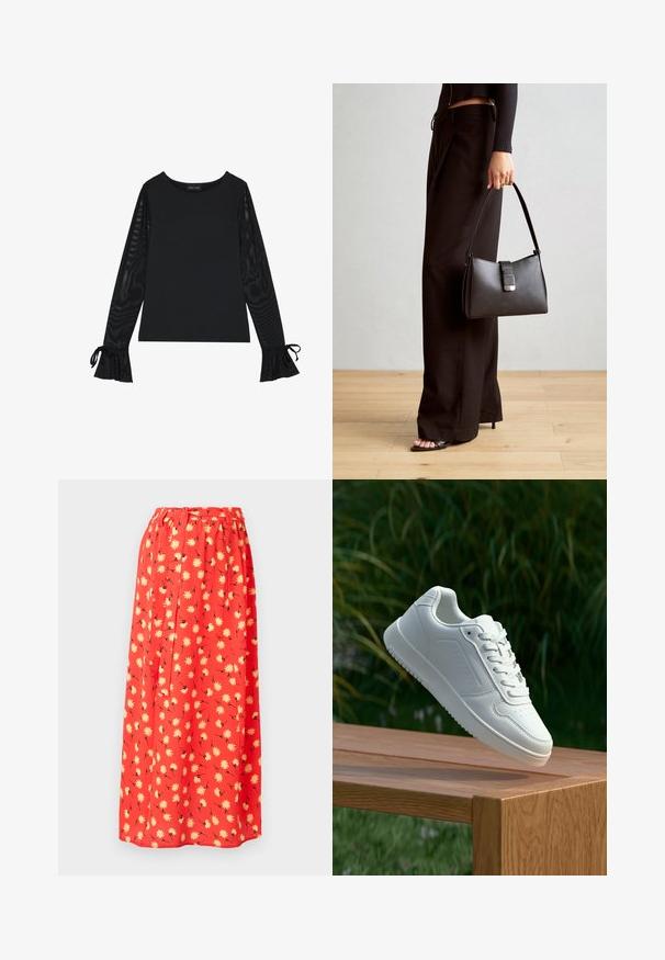 Schwarzes Oberteil mit festem Oberkörper und durchsichtigen, ausladenden Ärmeln. Verfügt über Schleifenakzente an den Bündchen. Hergestellt aus glattem Stoff mit einer taillierten Passform.; Roter Maxirock aus leichtem Stoff, mit einem floralen Muster von gelben Gänseblümchen und schwarzen Details. Elastischer Taillenbund für zusätzlichen Komfort.; Weiße Sneaker mit einem glatten, synthetischen Obermaterial, perforierter Zehenbox, flachen Schnürsenkeln und einer strukturierten Sohle, präsentiert auf einer Holzoberfläche.; Schwarze Handtasche mit strukturierter Form, glatter Textur und einem metallischen Verschluss. Kombiniert mit weiten schwarzen Hosen und offenen Sandalen auf einem Holzboden.