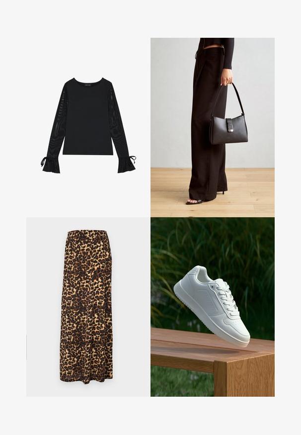 Juodas marškinėlis su tvirtu kūnu ir permatomomis, plačiomis rankovėmis. Yra kaklo juostos akcentai ant rankogalių. Pagamintas iš lygaus audinio su pritaikytu dizainu.; Leopardų rašto maksi sijonas, pagamintas iš minkštos medžiagos, su plačiu elastingu juosmeniu, juodos ir rudos spalvų tonais, su laisvai krentamu dizainu.; Balti sneakeriai su lygia sintetine viršutine dalimi, perforuota pirštų zona, plokščiomis raištelėmis ir tekstūruotu padu, padėti ant medinės paviršiaus.; Juodas rankinė struktūrizuota forma, lygi tekstūra ir metalinis užsegimas. Suporuota su plačiomis juodomis kelnėmis ir atvirais bateliais ant medinių grindų.