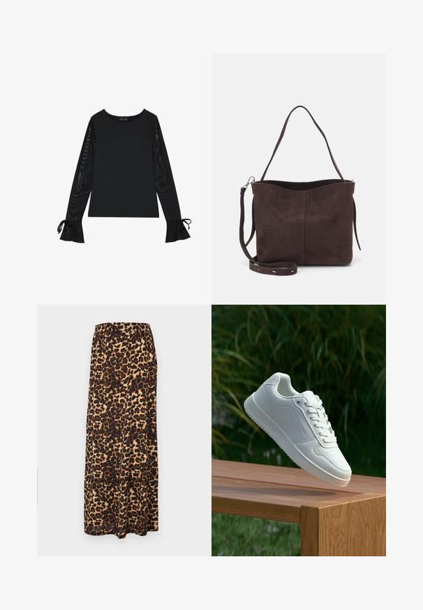 Čierny top s pevným telom a priesvitnými, rozšírenými rukávmi. Obsahuje viazacie akcenty na manžetách. Vyrobený z hladkej tkaniny s priliehavým strihom.; Dlhá sukňa s leopardím vzorom vyrobená z mäkkej látky, s širokým elastickým pásom, v odtieňoch čiernej a hnedej farby s plynulým dizajnom.; Biele tenisky s hladkým syntetickým zvrškom, perforovanou špičkou, plochými šnúrkami a textúrovanou podrážkou, vystavené na drevenej ploche.; Hnedá semišová taška s mäkkou textúrou, vybavená jedným ramenným popruhom a jemne zakriveným horným otvorom. Bez viditeľných hardvérových detailov.